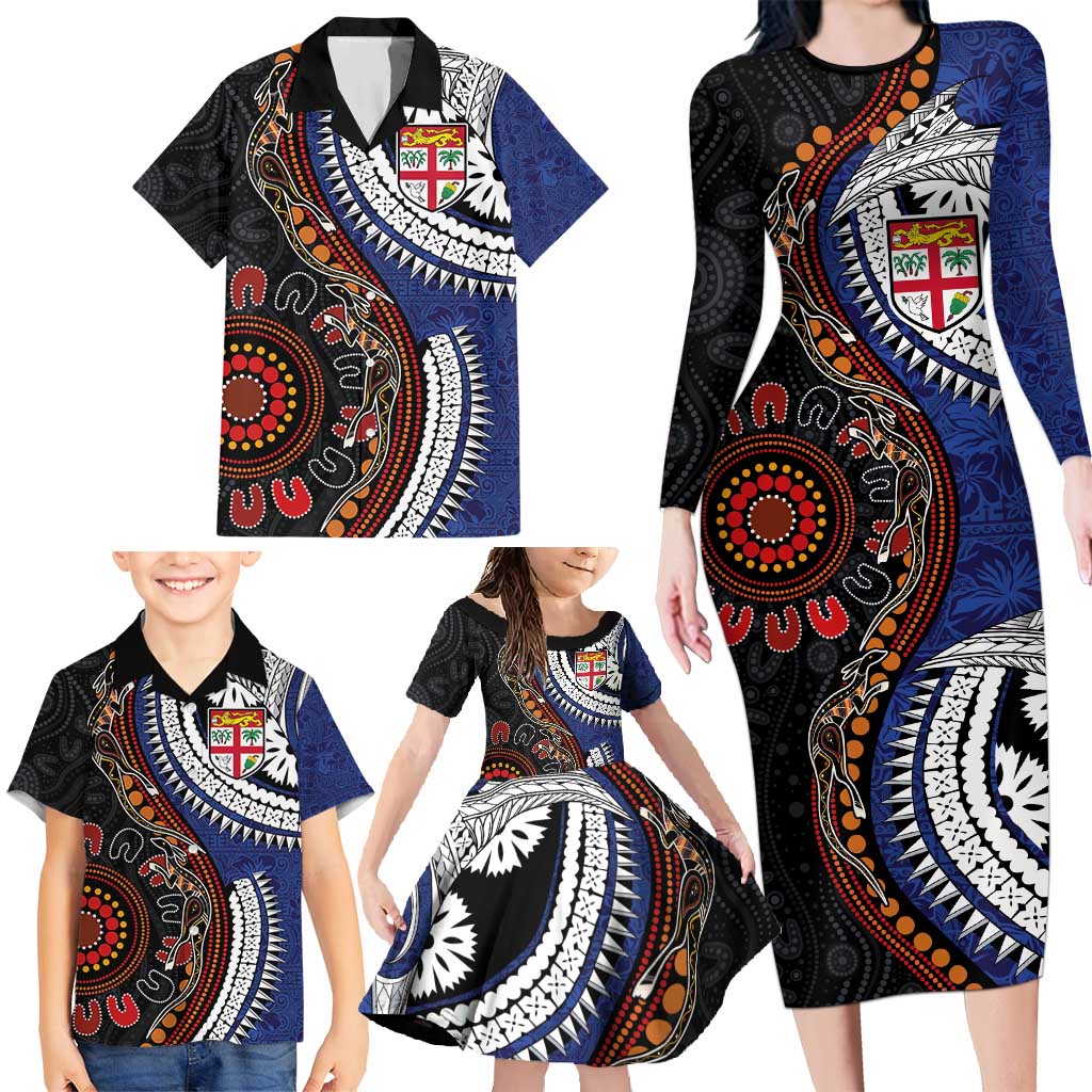 Fiji and Australia Together Family Matching Long Sleeve Bodycon Dress and Hawaiian Shirt Kangaroo Aboriginal with Tribal Tapa Hibiscus Half Style - Aussie Hoodie
