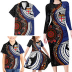 Fiji and Australia Together Family Matching Long Sleeve Bodycon Dress and Hawaiian Shirt Kangaroo Aboriginal with Tribal Tapa Hibiscus Half Style - Aussie Hoodie