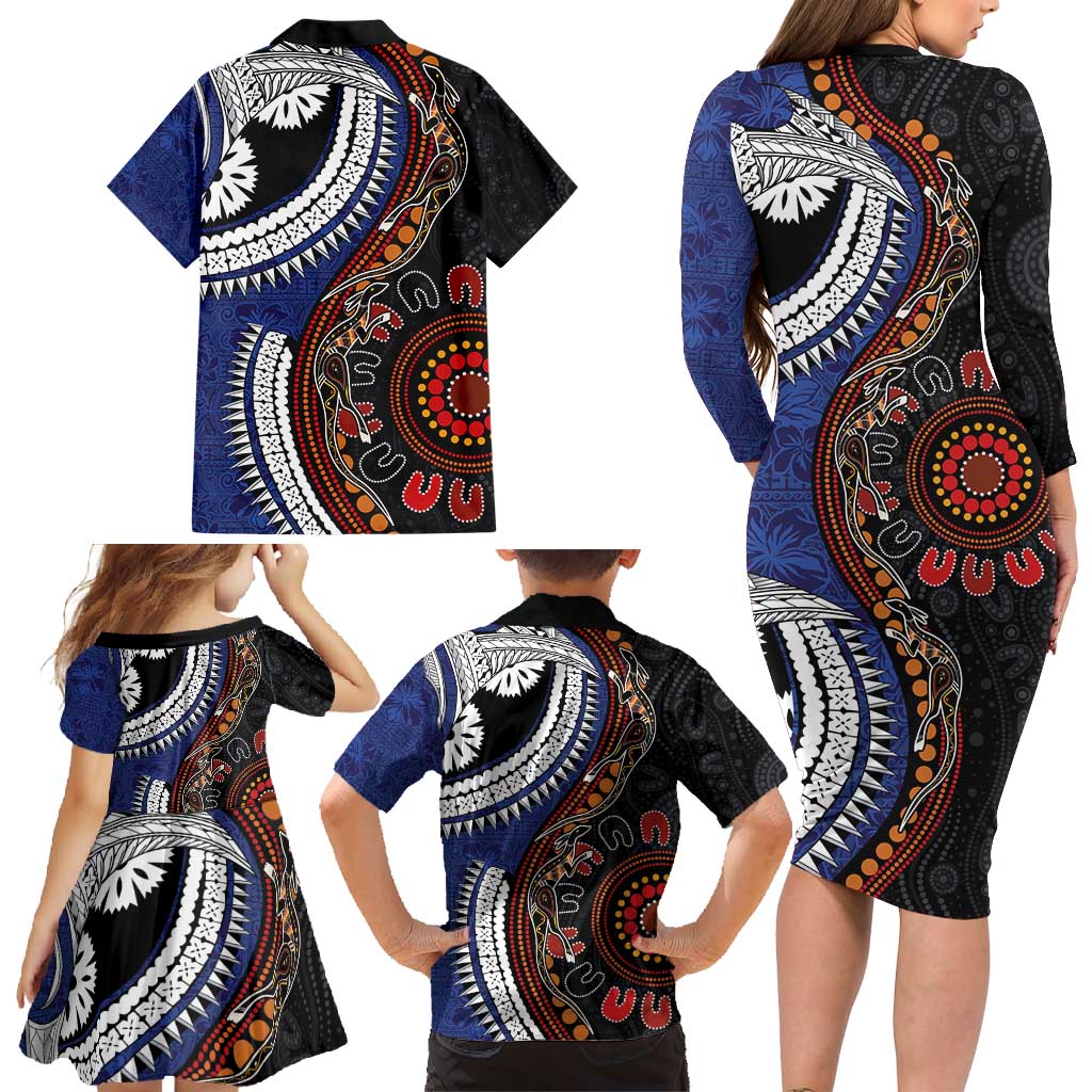Fiji and Australia Together Family Matching Long Sleeve Bodycon Dress and Hawaiian Shirt Kangaroo Aboriginal with Tribal Tapa Hibiscus Half Style - Aussie Hoodie