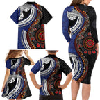 Fiji and Australia Together Family Matching Long Sleeve Bodycon Dress and Hawaiian Shirt Kangaroo Aboriginal with Tribal Tapa Hibiscus Half Style - Aussie Hoodie