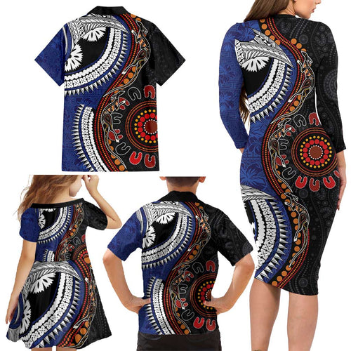 Fiji and Australia Together Family Matching Long Sleeve Bodycon Dress and Hawaiian Shirt Kangaroo Aboriginal with Tribal Tapa Hibiscus Half Style - Aussie Hoodie