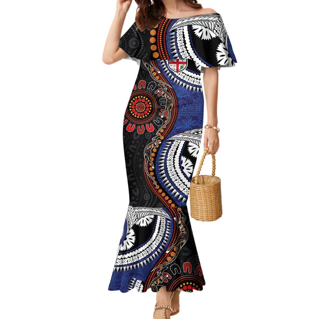 Fiji and Australia Together Family Matching Mermaid Dress and Hawaiian Shirt Kangaroo Aboriginal with Tribal Tapa Hibiscus Half Style - Aussie Hoodie