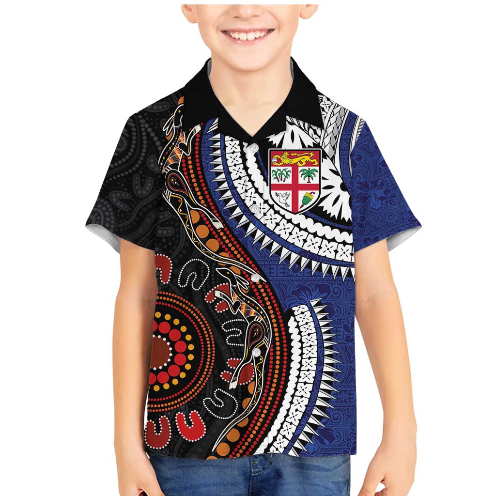 Fiji and Australia Together Family Matching Mermaid Dress and Hawaiian Shirt Kangaroo Aboriginal with Tribal Tapa Hibiscus Half Style - Aussie Hoodie