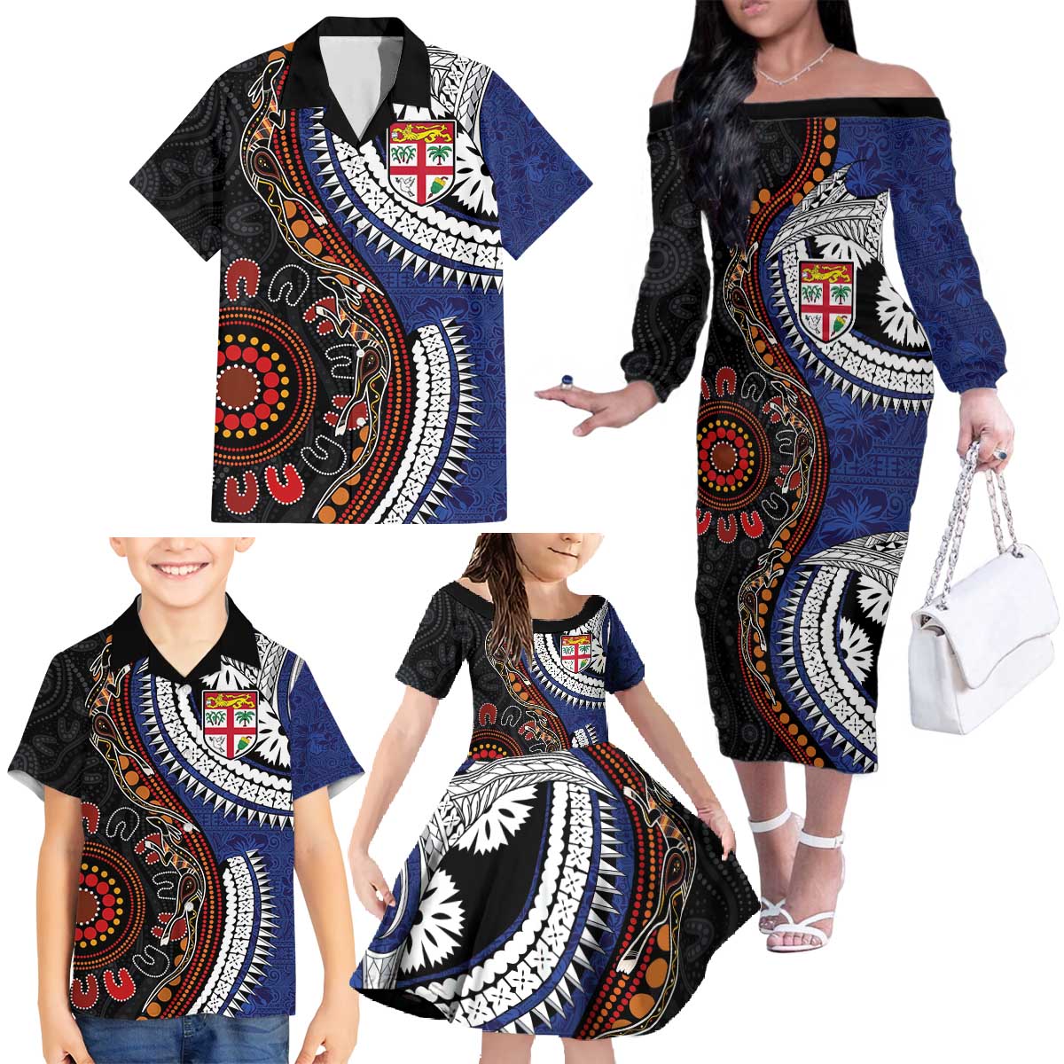 Fiji and Australia Together Family Matching Off The Shoulder Long Sleeve Dress and Hawaiian Shirt Kangaroo Aboriginal with Tribal Tapa Hibiscus Half Style - Aussie Hoodie