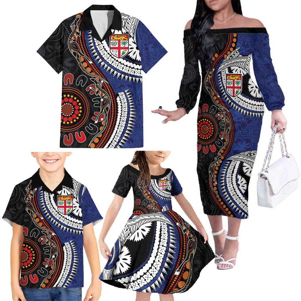 Fiji and Australia Together Family Matching Off The Shoulder Long Sleeve Dress and Hawaiian Shirt Kangaroo Aboriginal with Tribal Tapa Hibiscus Half Style - Aussie Hoodie