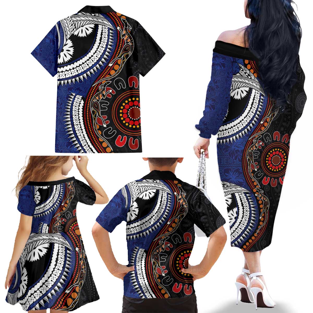 Fiji and Australia Together Family Matching Off The Shoulder Long Sleeve Dress and Hawaiian Shirt Kangaroo Aboriginal with Tribal Tapa Hibiscus Half Style - Aussie Hoodie