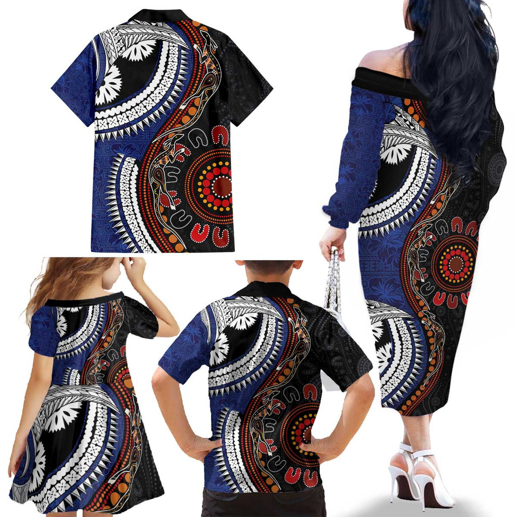 Fiji and Australia Together Family Matching Off The Shoulder Long Sleeve Dress and Hawaiian Shirt Kangaroo Aboriginal with Tribal Tapa Hibiscus Half Style - Aussie Hoodie