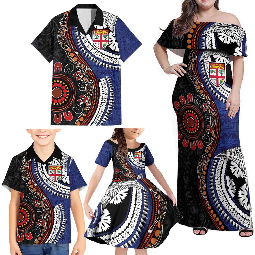 Fiji and Australia Together Family Matching Off Shoulder Maxi Dress and Hawaiian Shirt Kangaroo Aboriginal with Tribal Tapa Hibiscus Half Style - Aussie Hoodie