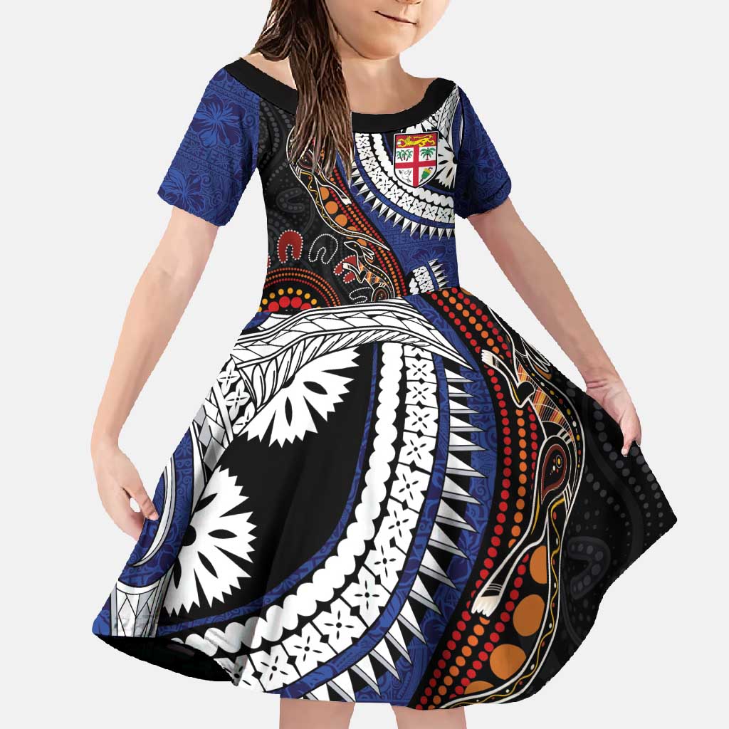 Fiji and Australia Together Family Matching Off Shoulder Maxi Dress and Hawaiian Shirt Kangaroo Aboriginal with Tribal Tapa Hibiscus Half Style - Aussie Hoodie