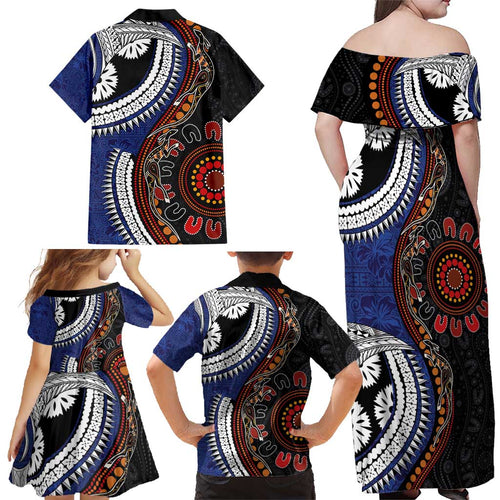 Fiji and Australia Together Family Matching Off Shoulder Maxi Dress and Hawaiian Shirt Kangaroo Aboriginal with Tribal Tapa Hibiscus Half Style - Aussie Hoodie