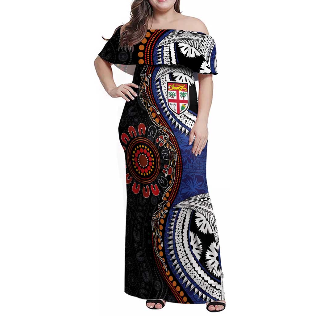 Fiji and Australia Together Family Matching Off Shoulder Maxi Dress and Hawaiian Shirt Kangaroo Aboriginal with Tribal Tapa Hibiscus Half Style - Aussie Hoodie