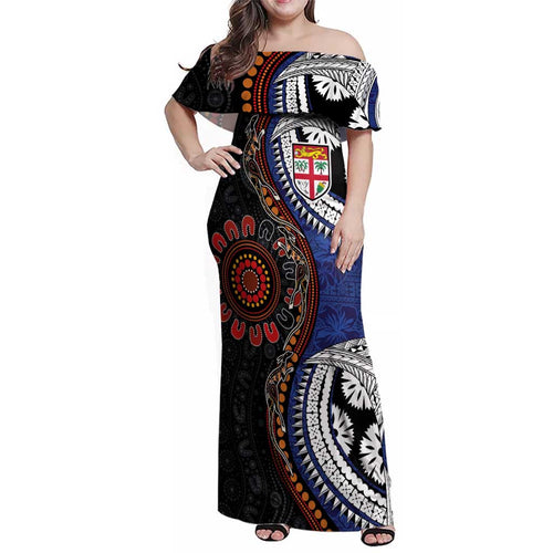 Fiji and Australia Together Family Matching Off Shoulder Maxi Dress and Hawaiian Shirt Kangaroo Aboriginal with Tribal Tapa Hibiscus Half Style - Aussie Hoodie