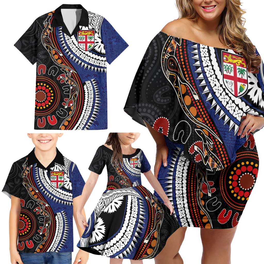 Fiji and Australia Together Family Matching Off Shoulder Short Dress and Hawaiian Shirt Kangaroo Aboriginal with Tribal Tapa Hibiscus Half Style - Aussie Hoodie