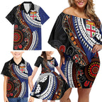 Fiji and Australia Together Family Matching Off Shoulder Short Dress and Hawaiian Shirt Kangaroo Aboriginal with Tribal Tapa Hibiscus Half Style - Aussie Hoodie