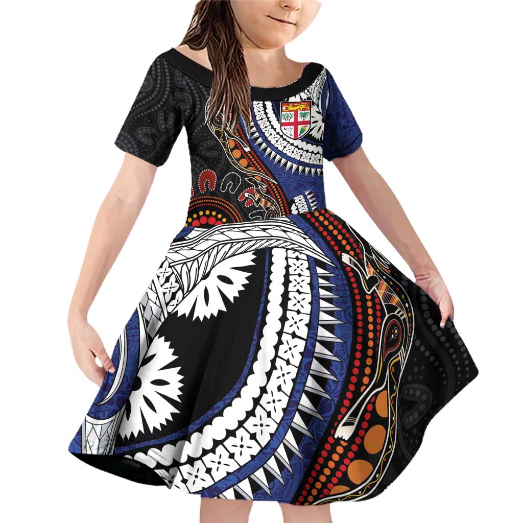 Fiji and Australia Together Family Matching Off Shoulder Short Dress and Hawaiian Shirt Kangaroo Aboriginal with Tribal Tapa Hibiscus Half Style - Aussie Hoodie