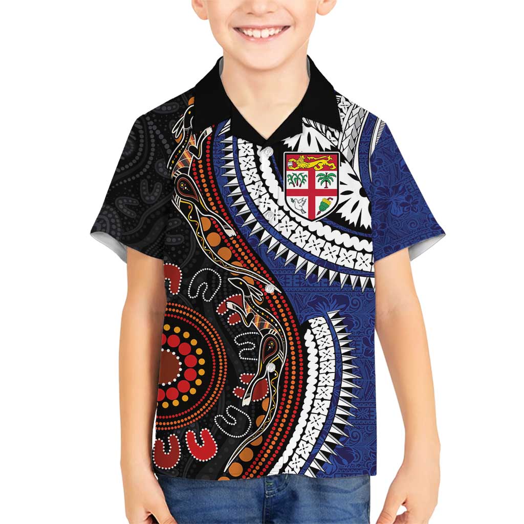Fiji and Australia Together Family Matching Off Shoulder Short Dress and Hawaiian Shirt Kangaroo Aboriginal with Tribal Tapa Hibiscus Half Style - Aussie Hoodie