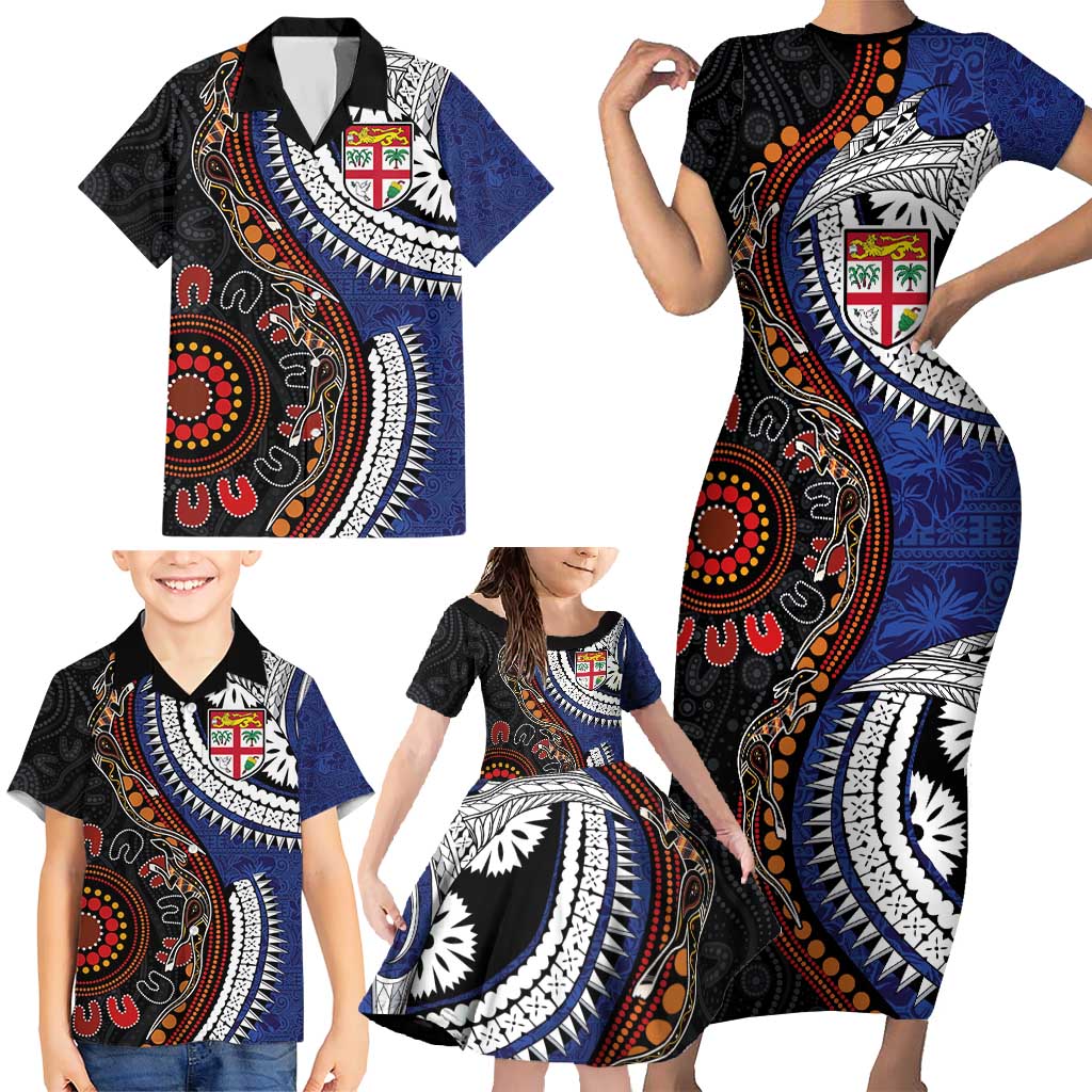 Fiji and Australia Together Family Matching Short Sleeve Bodycon Dress and Hawaiian Shirt Kangaroo Aboriginal with Tribal Tapa Hibiscus Half Style - Aussie Hoodie