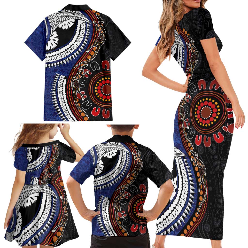 Fiji and Australia Together Family Matching Short Sleeve Bodycon Dress and Hawaiian Shirt Kangaroo Aboriginal with Tribal Tapa Hibiscus Half Style - Aussie Hoodie