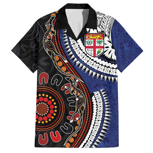 Fiji and Australia Together Family Matching Short Sleeve Bodycon Dress and Hawaiian Shirt Kangaroo Aboriginal with Tribal Tapa Hibiscus Half Style - Aussie Hoodie