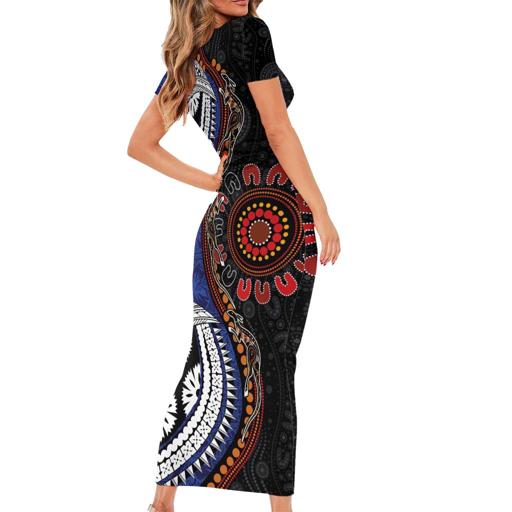 Fiji and Australia Together Family Matching Short Sleeve Bodycon Dress and Hawaiian Shirt Kangaroo Aboriginal with Tribal Tapa Hibiscus Half Style - Aussie Hoodie