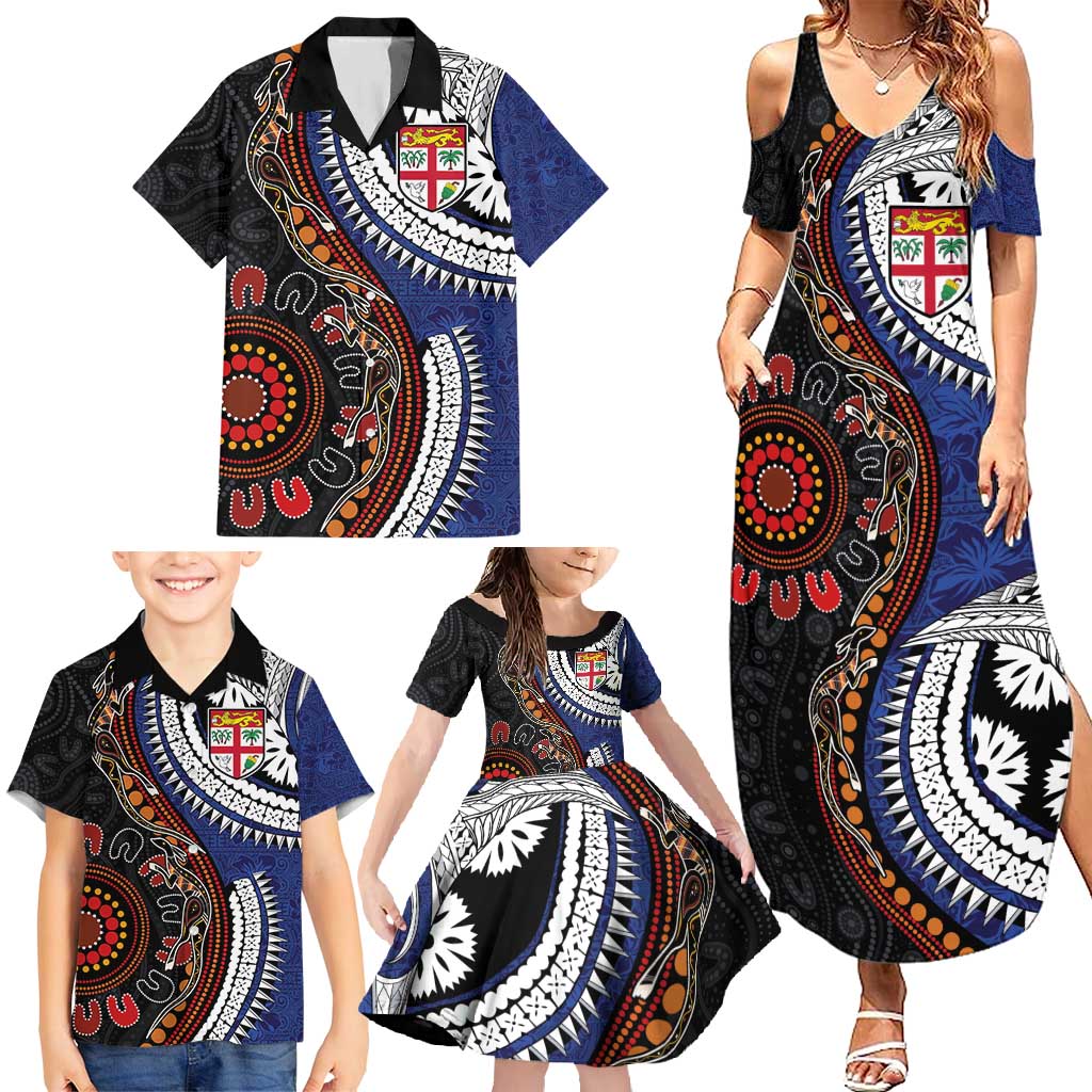 Fiji and Australia Together Family Matching Summer Maxi Dress and Hawaiian Shirt Kangaroo Aboriginal with Tribal Tapa Hibiscus Half Style - Aussie Hoodie