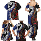 Fiji and Australia Together Family Matching Summer Maxi Dress and Hawaiian Shirt Kangaroo Aboriginal with Tribal Tapa Hibiscus Half Style - Aussie Hoodie
