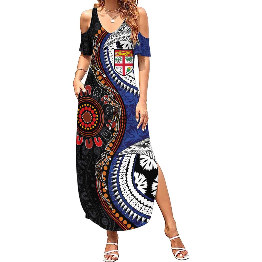 Fiji and Australia Together Family Matching Summer Maxi Dress and Hawaiian Shirt Kangaroo Aboriginal with Tribal Tapa Hibiscus Half Style - Aussie Hoodie
