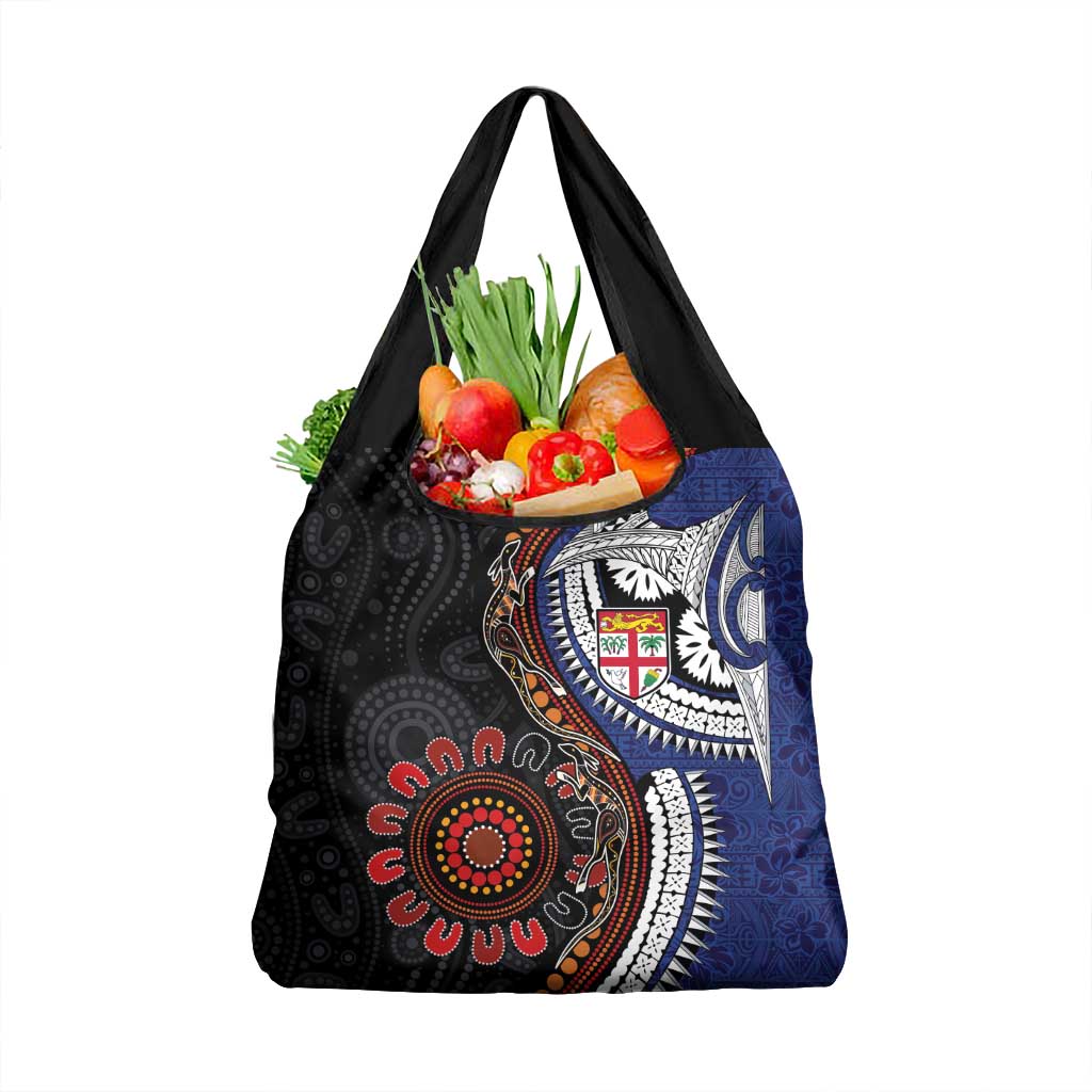 Fiji and Australia Together Grocery Bag Kangaroo Aboriginal with Tribal Tapa Hibiscus Half Style - Aussie Hoodie