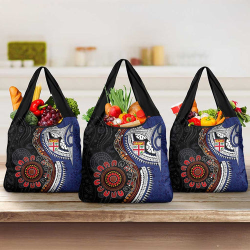 Fiji and Australia Together Grocery Bag Kangaroo Aboriginal with Tribal Tapa Hibiscus Half Style - Aussie Hoodie