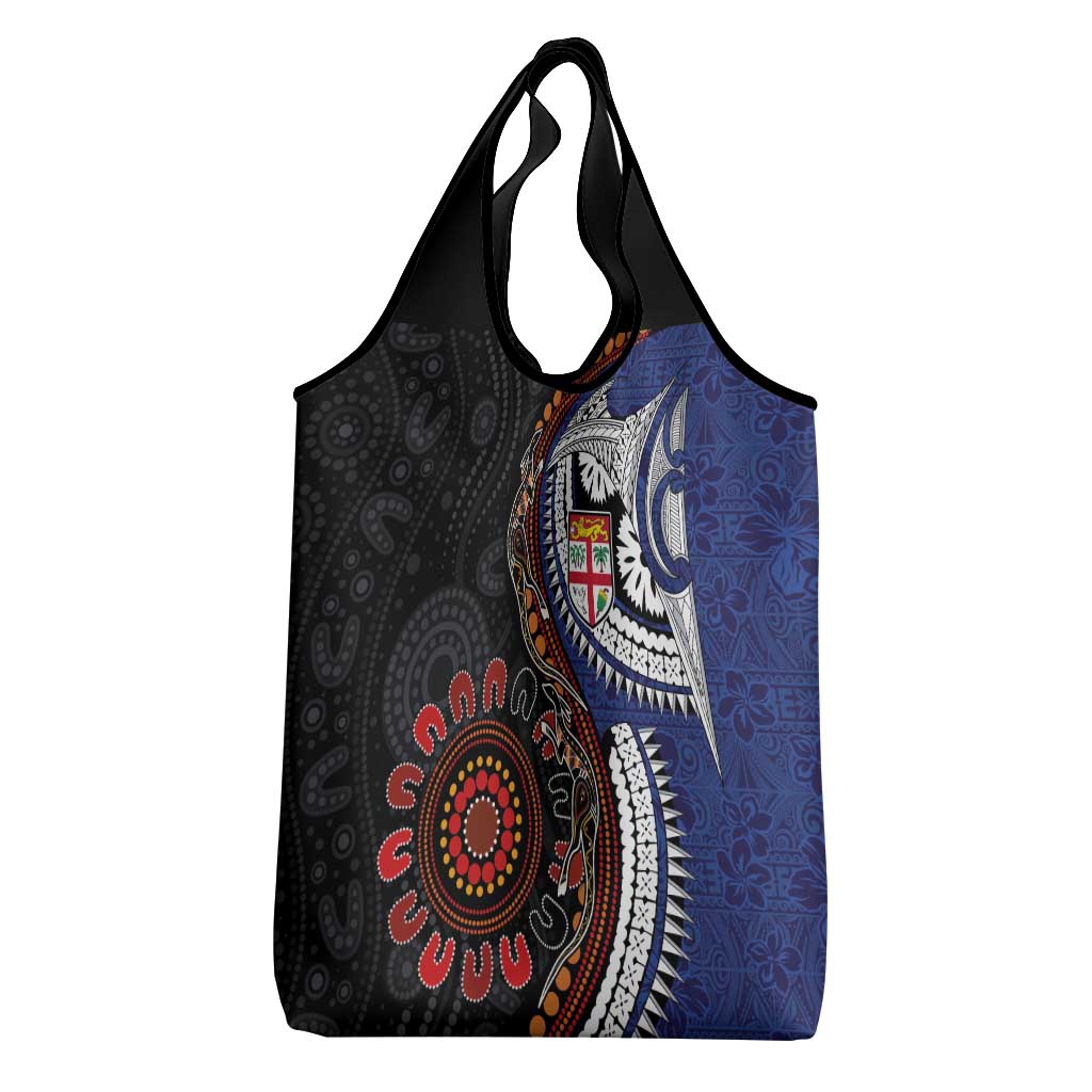 Fiji and Australia Together Grocery Bag Kangaroo Aboriginal with Tribal Tapa Hibiscus Half Style - Aussie Hoodie