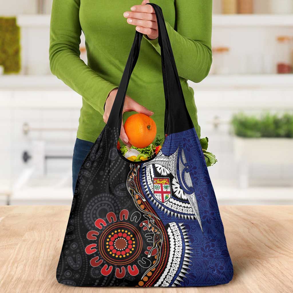 Fiji and Australia Together Grocery Bag Kangaroo Aboriginal with Tribal Tapa Hibiscus Half Style - Aussie Hoodie