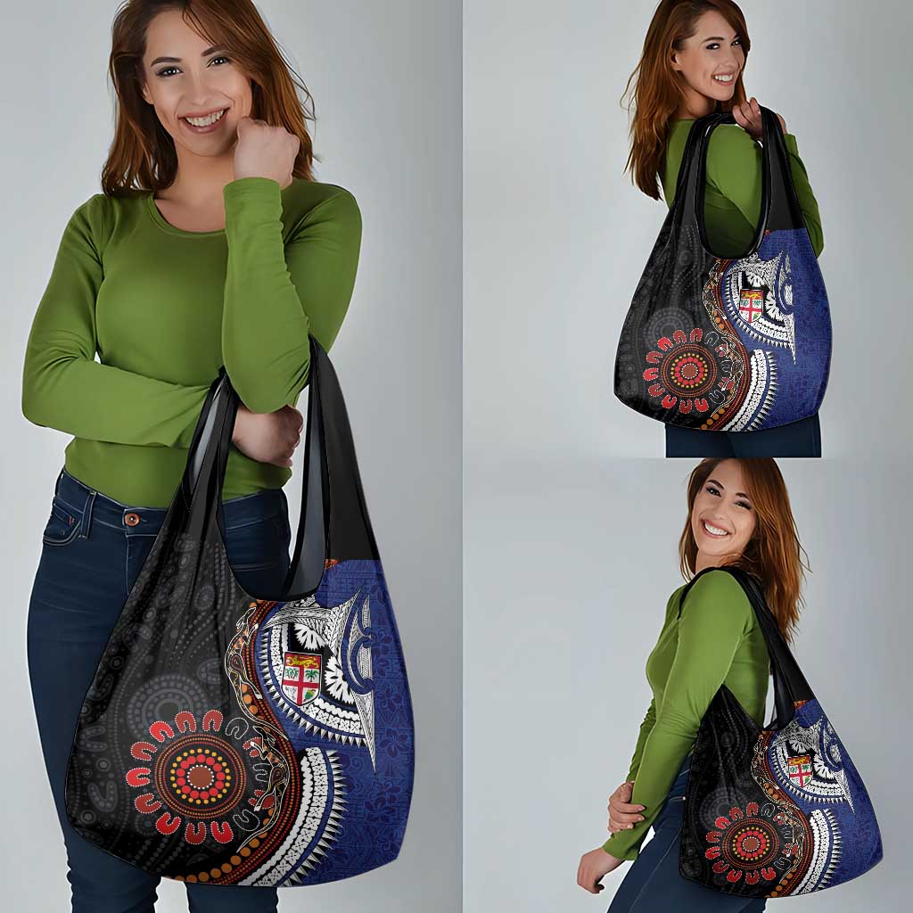 Fiji and Australia Together Grocery Bag Kangaroo Aboriginal with Tribal Tapa Hibiscus Half Style - Aussie Hoodie