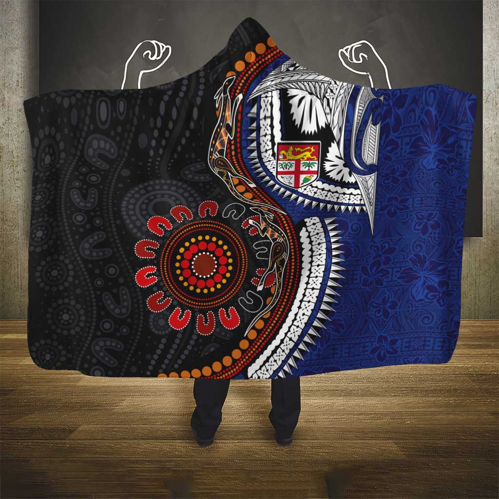 Fiji and Australia Together Hooded Blanket Kangaroo Aboriginal with Tribal Tapa Hibiscus Half Style - Aussie Hoodie