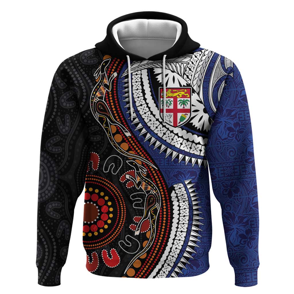 Fiji and Australia Together Hoodie Kangaroo Aboriginal with Tribal Tapa Hibiscus Half Style - Aussie Hoodie