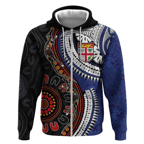 Fiji and Australia Together Hoodie Kangaroo Aboriginal with Tribal Tapa Hibiscus Half Style - Aussie Hoodie