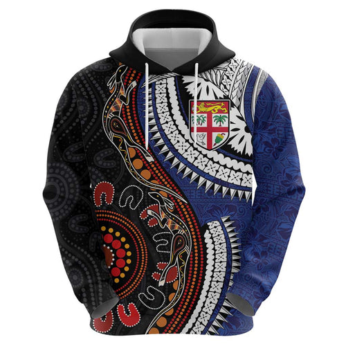 Fiji and Australia Together Hoodie Kangaroo Aboriginal with Tribal Tapa Hibiscus Half Style - Aussie Hoodie