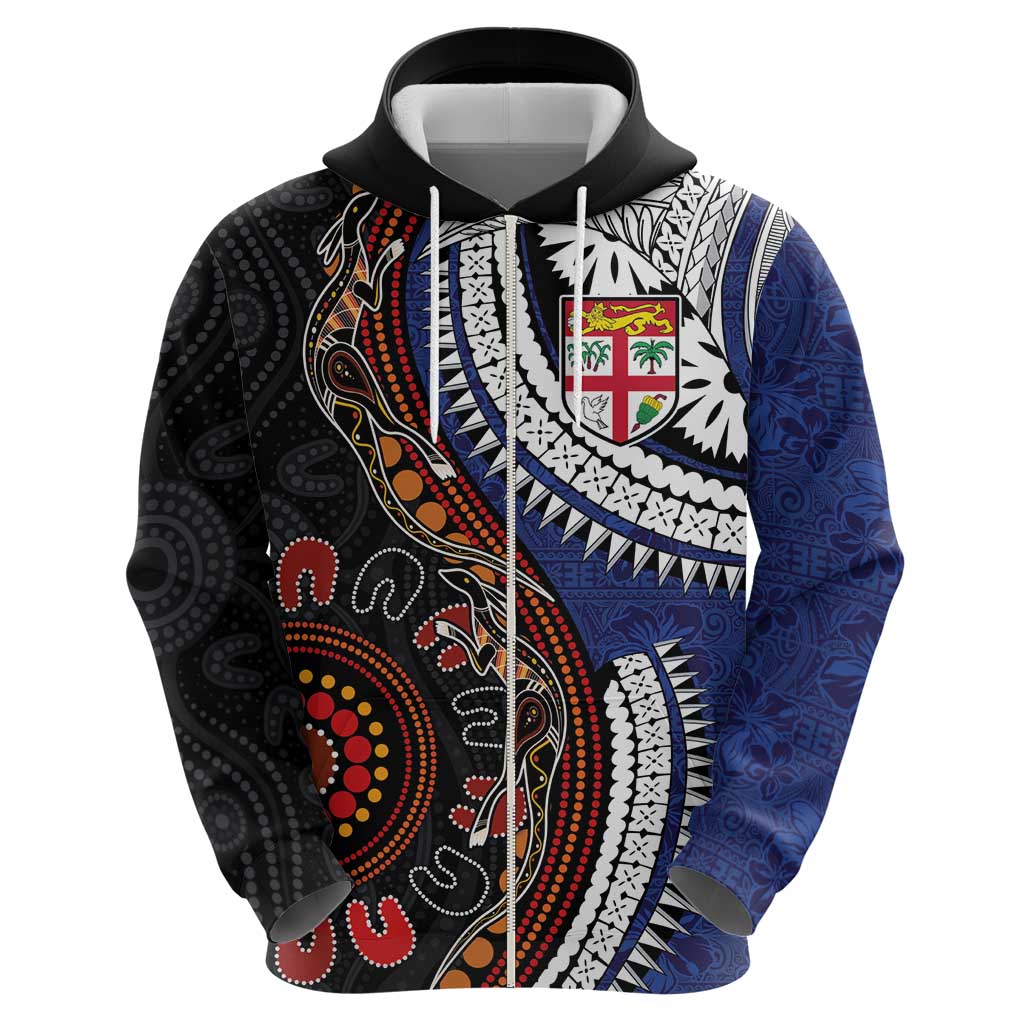 Fiji and Australia Together Hoodie Kangaroo Aboriginal with Tribal Tapa Hibiscus Half Style - Aussie Hoodie