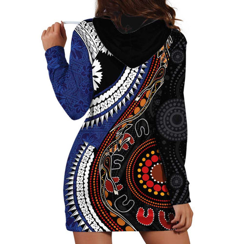 Fiji and Australia Together Hoodie Dress Kangaroo Aboriginal with Tribal Tapa Hibiscus Half Style - Aussie Hoodie