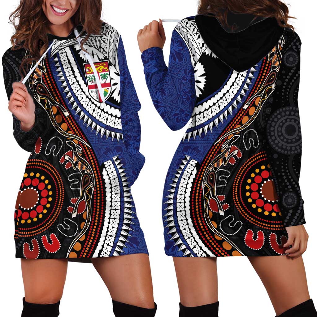 Fiji and Australia Together Hoodie Dress Kangaroo Aboriginal with Tribal Tapa Hibiscus Half Style - Aussie Hoodie