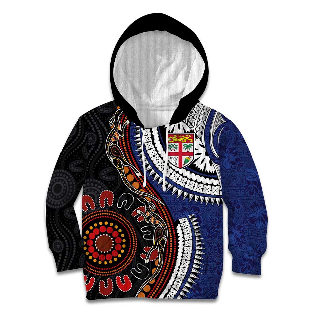 Fiji and Australia Together Kid Hoodie Kangaroo Aboriginal with Tribal Tapa Hibiscus Half Style - Aussie Hoodie