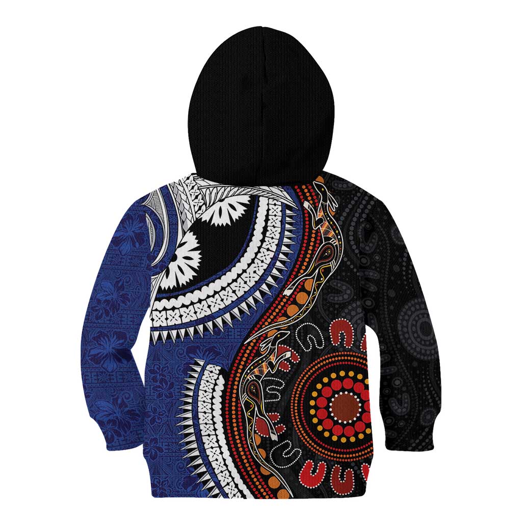 Fiji and Australia Together Kid Hoodie Kangaroo Aboriginal with Tribal Tapa Hibiscus Half Style - Aussie Hoodie