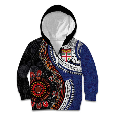 Fiji and Australia Together Kid Hoodie Kangaroo Aboriginal with Tribal Tapa Hibiscus Half Style - Aussie Hoodie