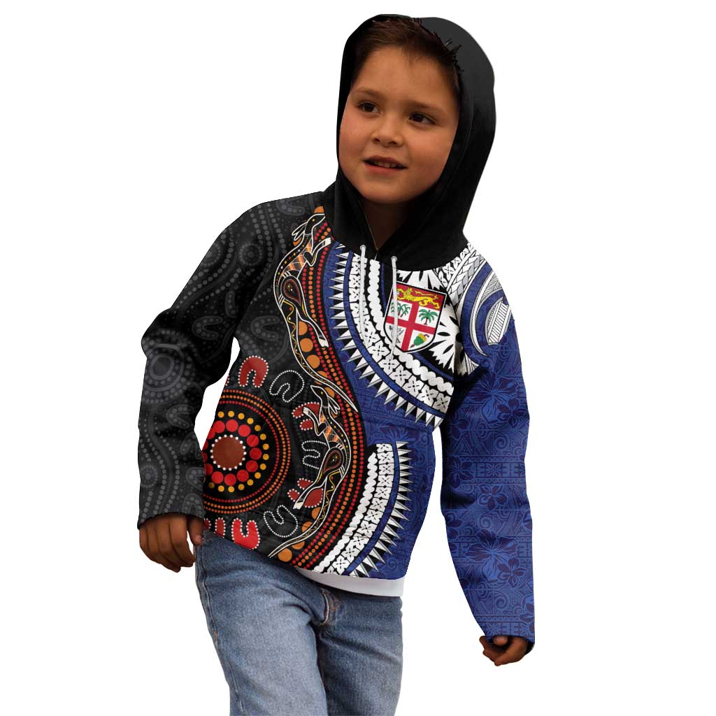 Fiji and Australia Together Kid Hoodie Kangaroo Aboriginal with Tribal Tapa Hibiscus Half Style - Aussie Hoodie