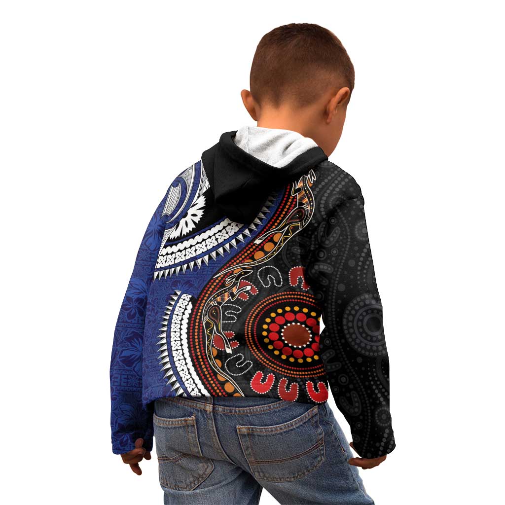 Fiji and Australia Together Kid Hoodie Kangaroo Aboriginal with Tribal Tapa Hibiscus Half Style - Aussie Hoodie