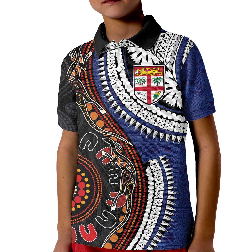 Fiji and Australia Together Kid Polo Shirt Kangaroo Aboriginal with Tribal Tapa Hibiscus Half Style - Aussie Hoodie