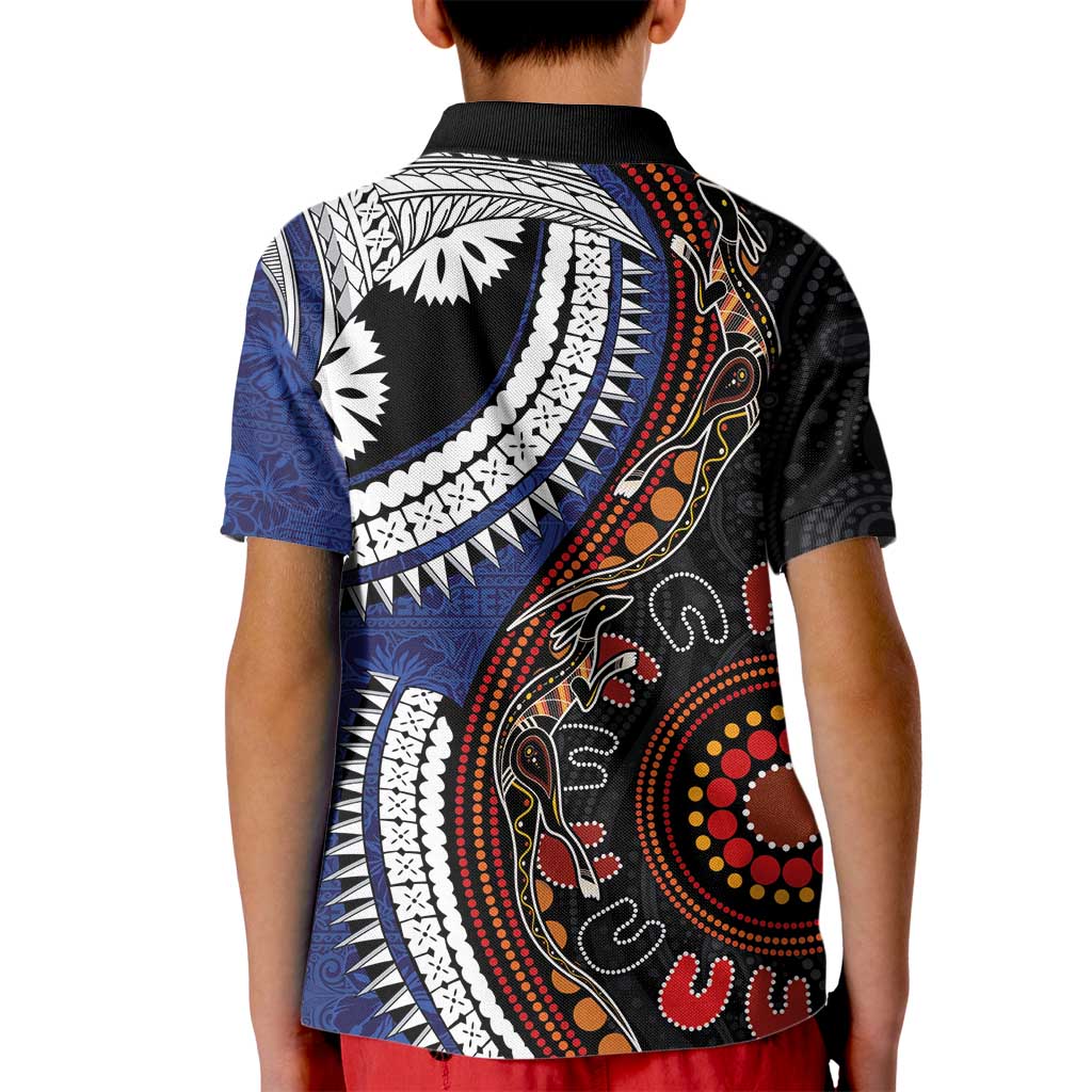 Fiji and Australia Together Kid Polo Shirt Kangaroo Aboriginal with Tribal Tapa Hibiscus Half Style - Aussie Hoodie