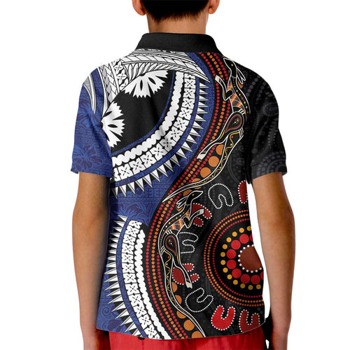Fiji and Australia Together Kid Polo Shirt Kangaroo Aboriginal with Tribal Tapa Hibiscus Half Style - Aussie Hoodie