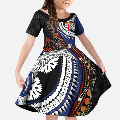 Fiji and Australia Together Kid Short Sleeve Dress Kangaroo Aboriginal with Tribal Tapa Hibiscus Half Style - Aussie Hoodie