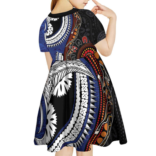 Fiji and Australia Together Kid Short Sleeve Dress Kangaroo Aboriginal with Tribal Tapa Hibiscus Half Style - Aussie Hoodie
