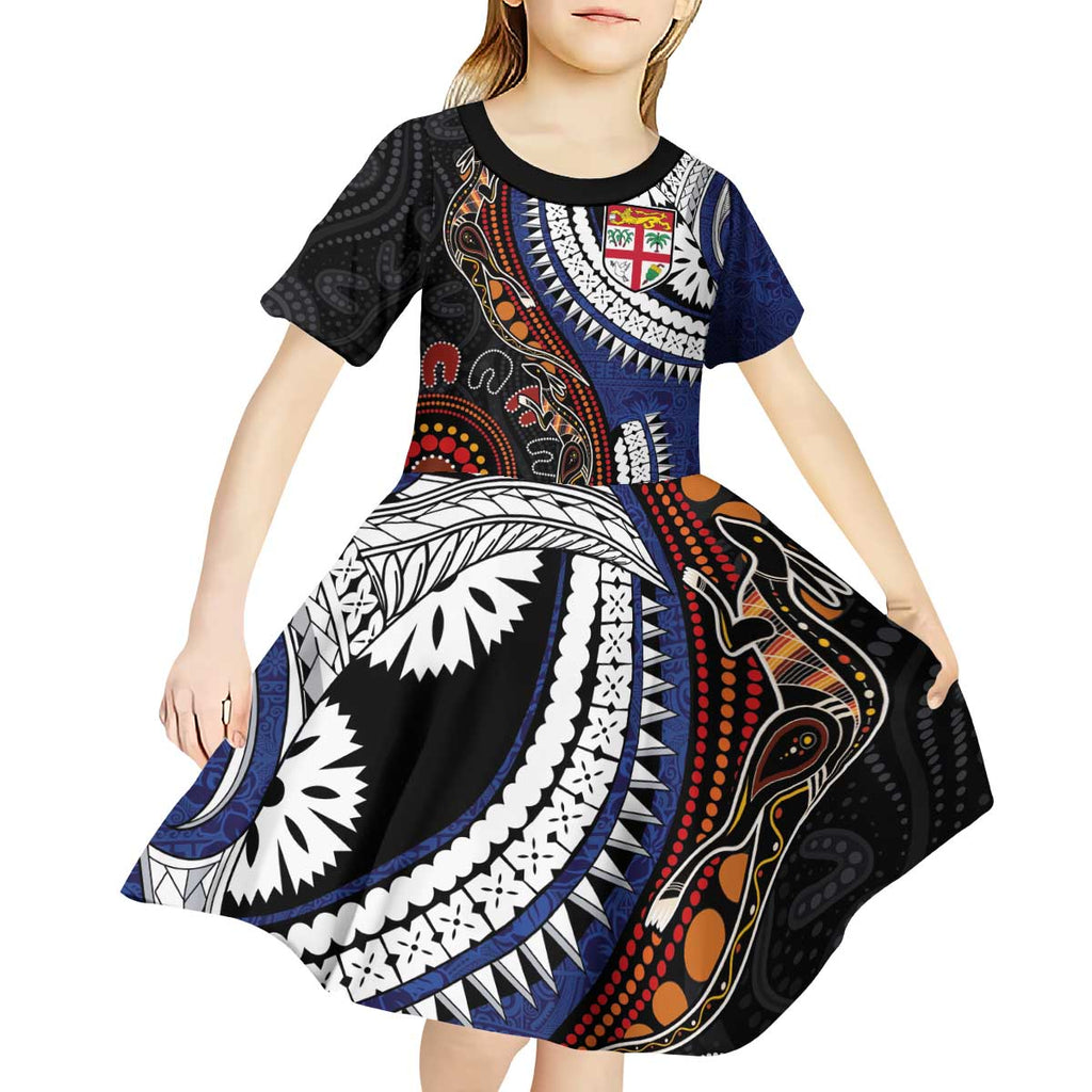 Fiji and Australia Together Kid Short Sleeve Dress Kangaroo Aboriginal with Tribal Tapa Hibiscus Half Style - Aussie Hoodie